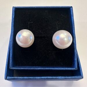 Freshwater White 12-13mm Pearl Earrings Silver Stud Classic Old Money